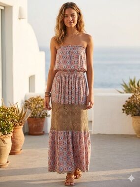 Strapless Boho Maxi Dress in Dusty Pink